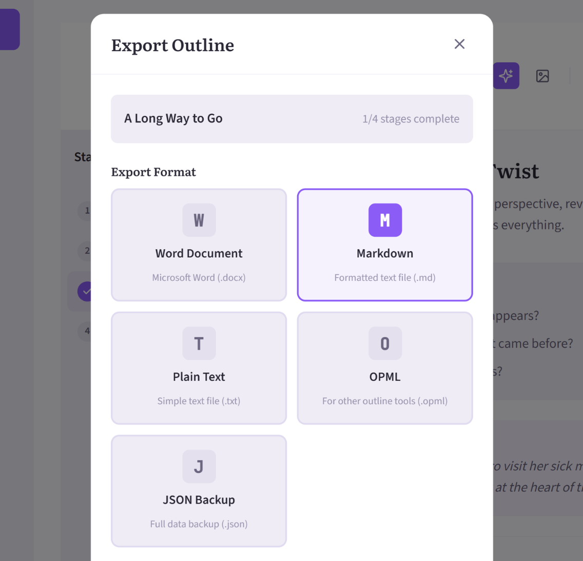 Plot Compass export options showing Markdown, Word, and JSON formats